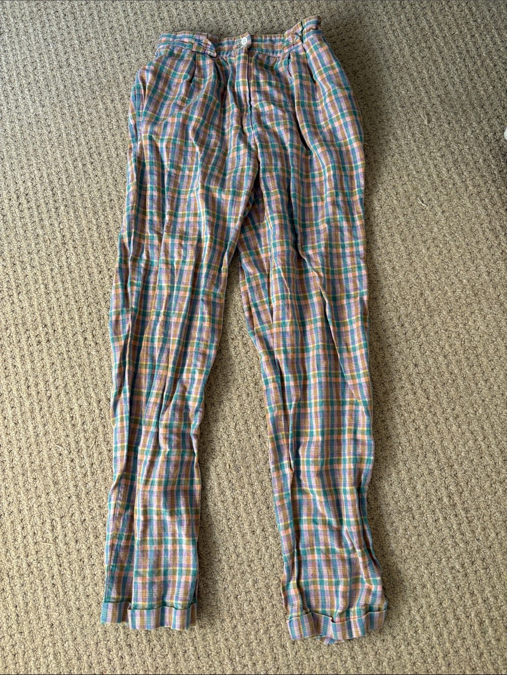 Vintage 80s Liz Claiborne Pastel Gingham Trousers Linen Cotton Blend High Waist